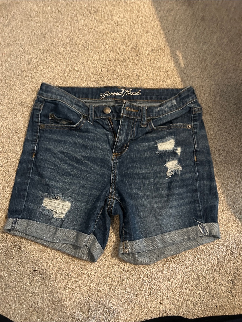 Universal Thread Distressed Dark Blue Rolled-Hem Denim Shorts